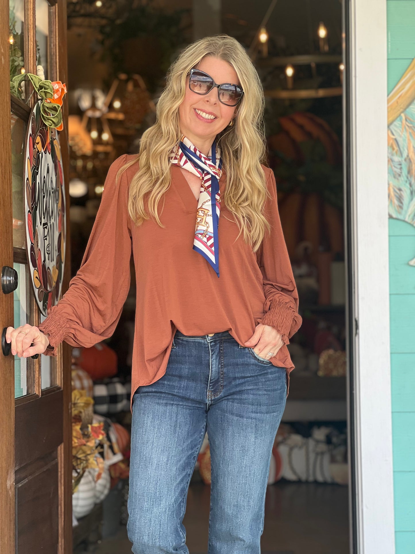 Liz Smocked Long Sleeve Caramel Top
