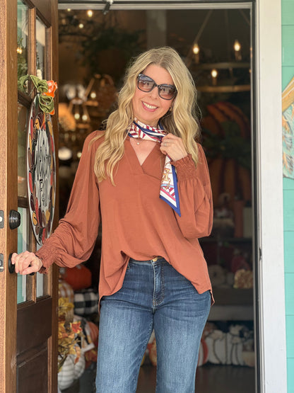 Liz Smocked Long Sleeve Caramel Top