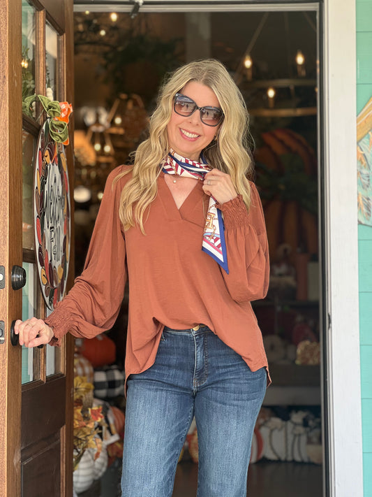 Liz Smocked Long Sleeve Caramel Top