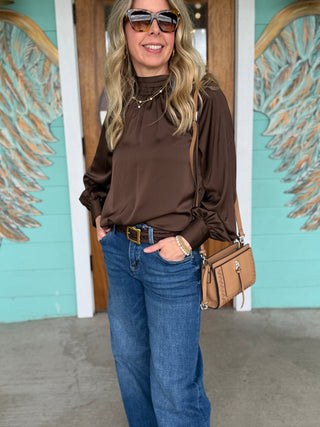 Brown Hi-Neck Long Sleeve Blouse