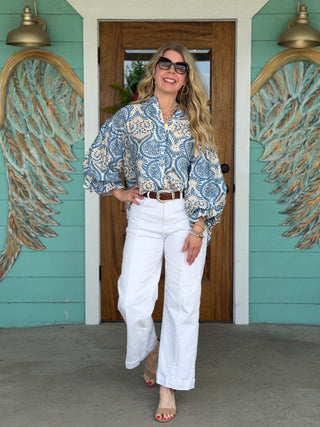 Blue Multi Damask Print Mariah Top