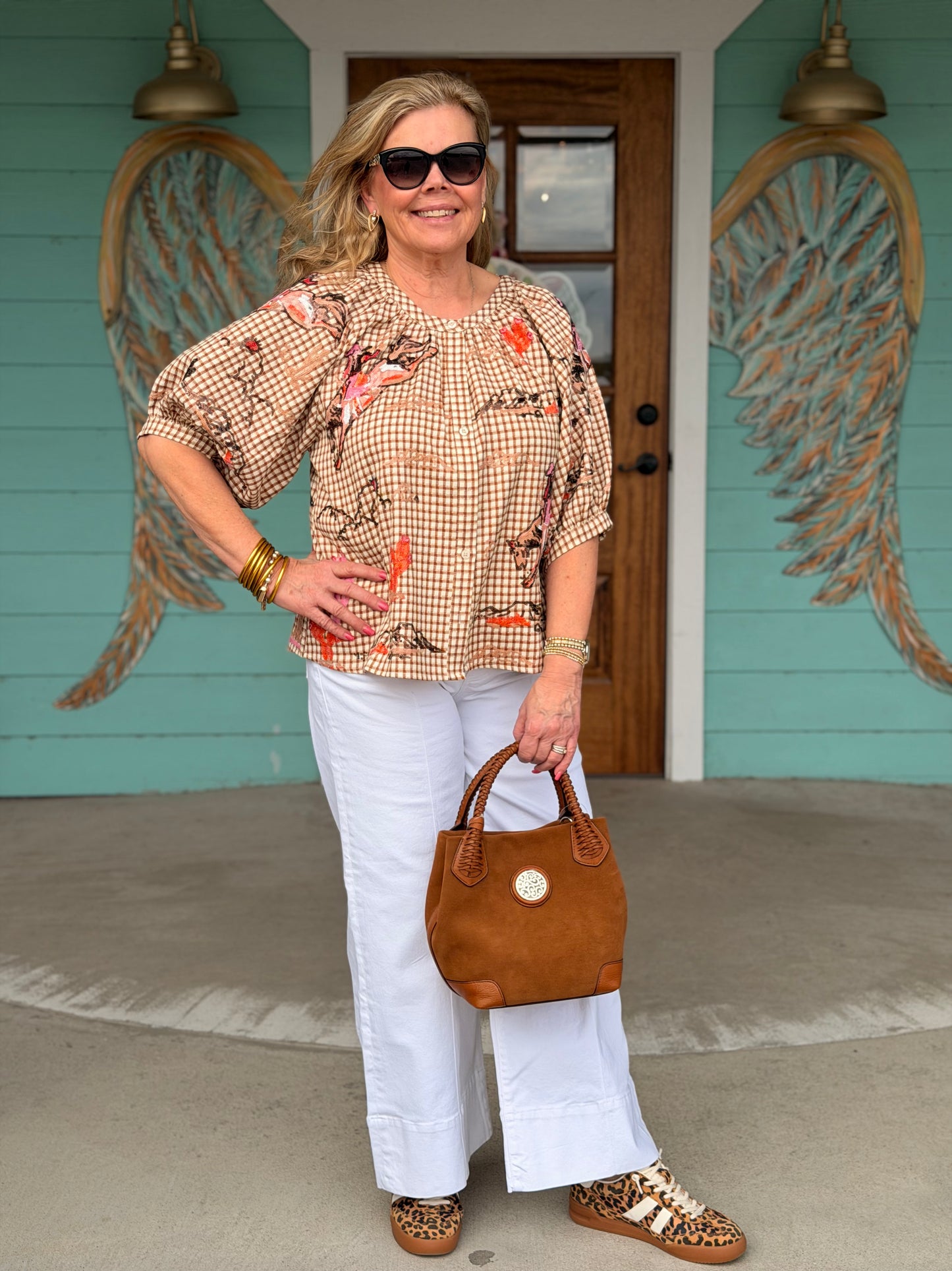 Queen of Sparkles Gingham Bucking Cowgirl Top