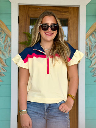 Cream Color Block French Terry Top