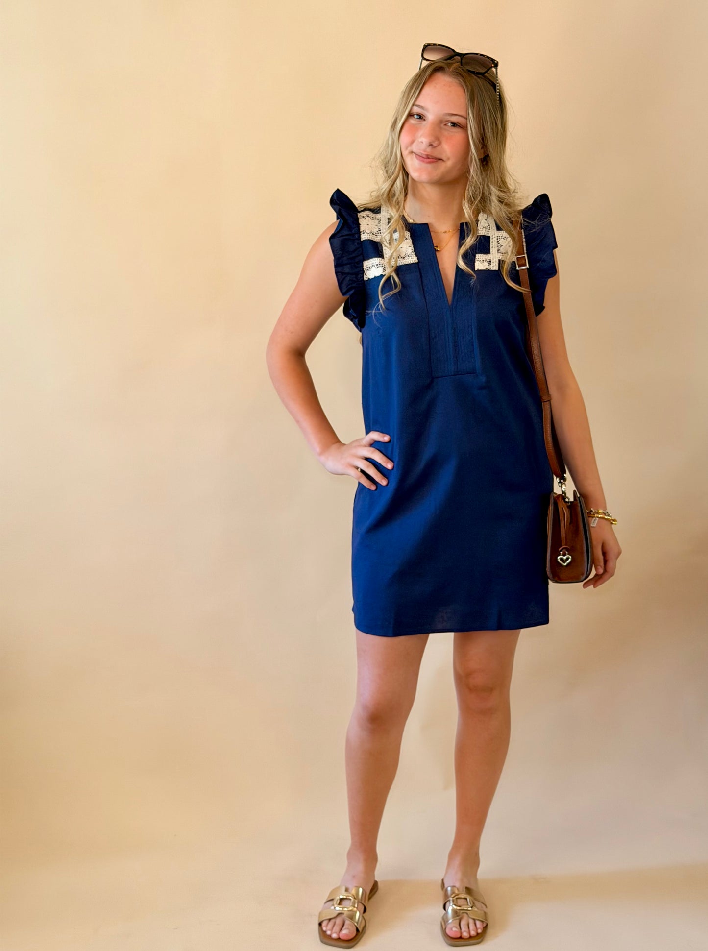 Navy Crochet Linen Dress