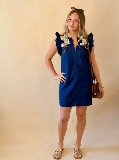 Navy Crochet Linen Dress