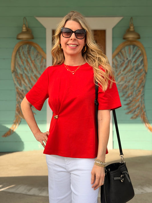 Red Ruched Gold Detail Top