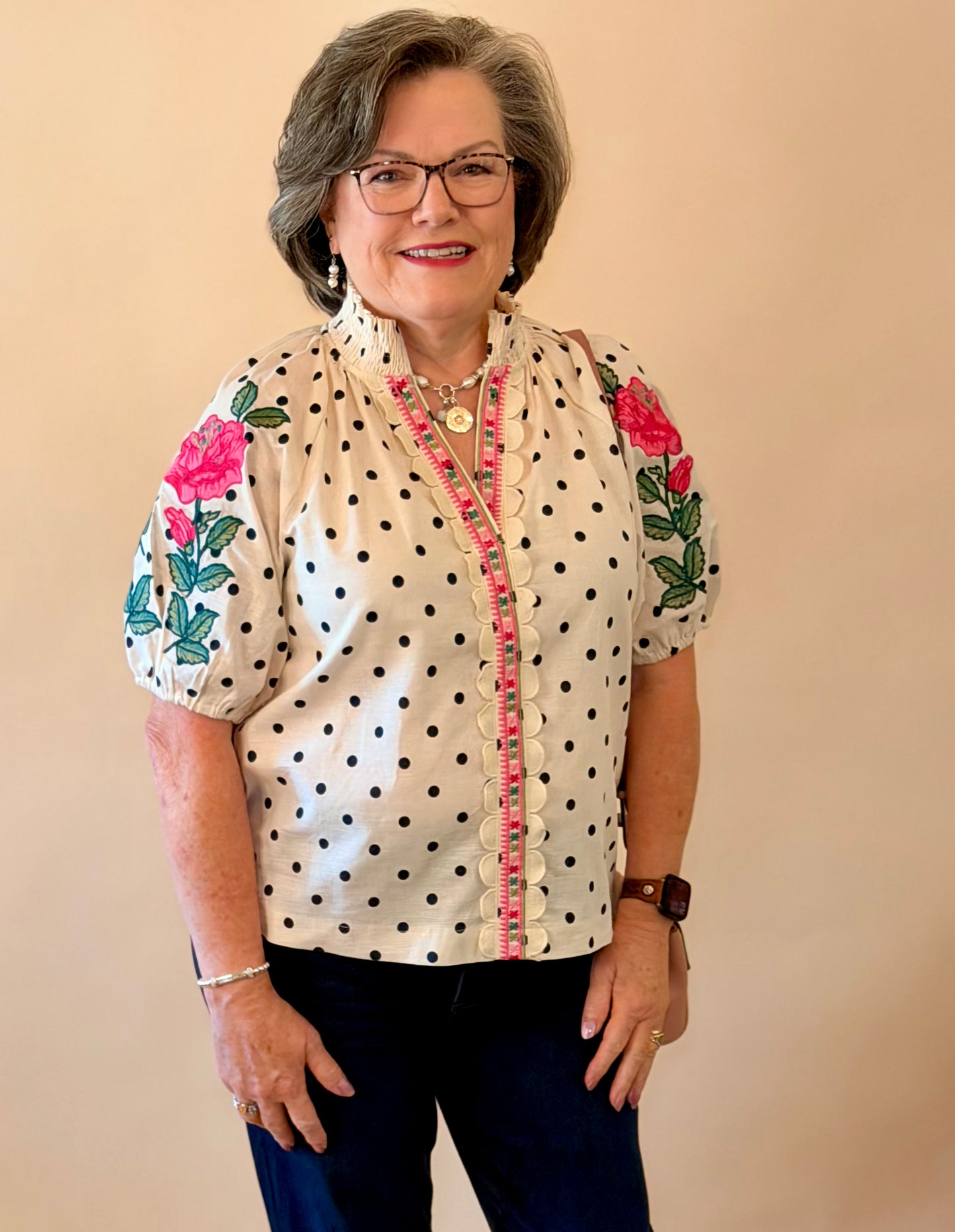 THML Cream Polka Dot Embroidered Top