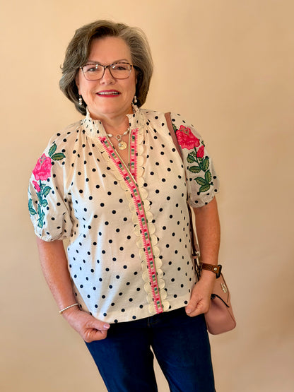 THML Cream Polka Dot Embroidered Top