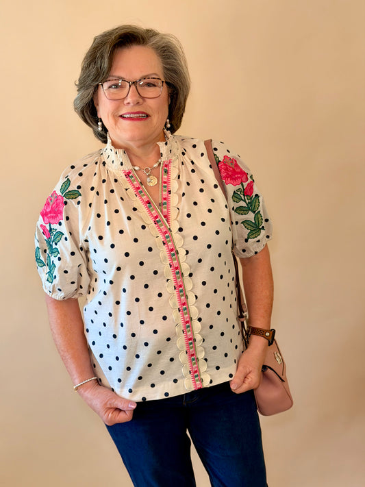 THML Cream Polka Dot Embroidered Top