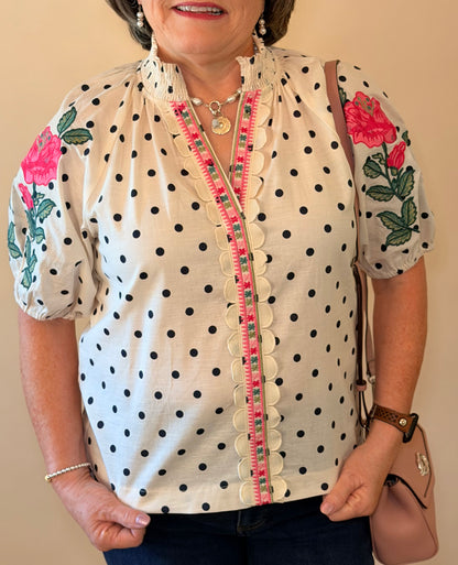 THML Cream Polka Dot Embroidered Top