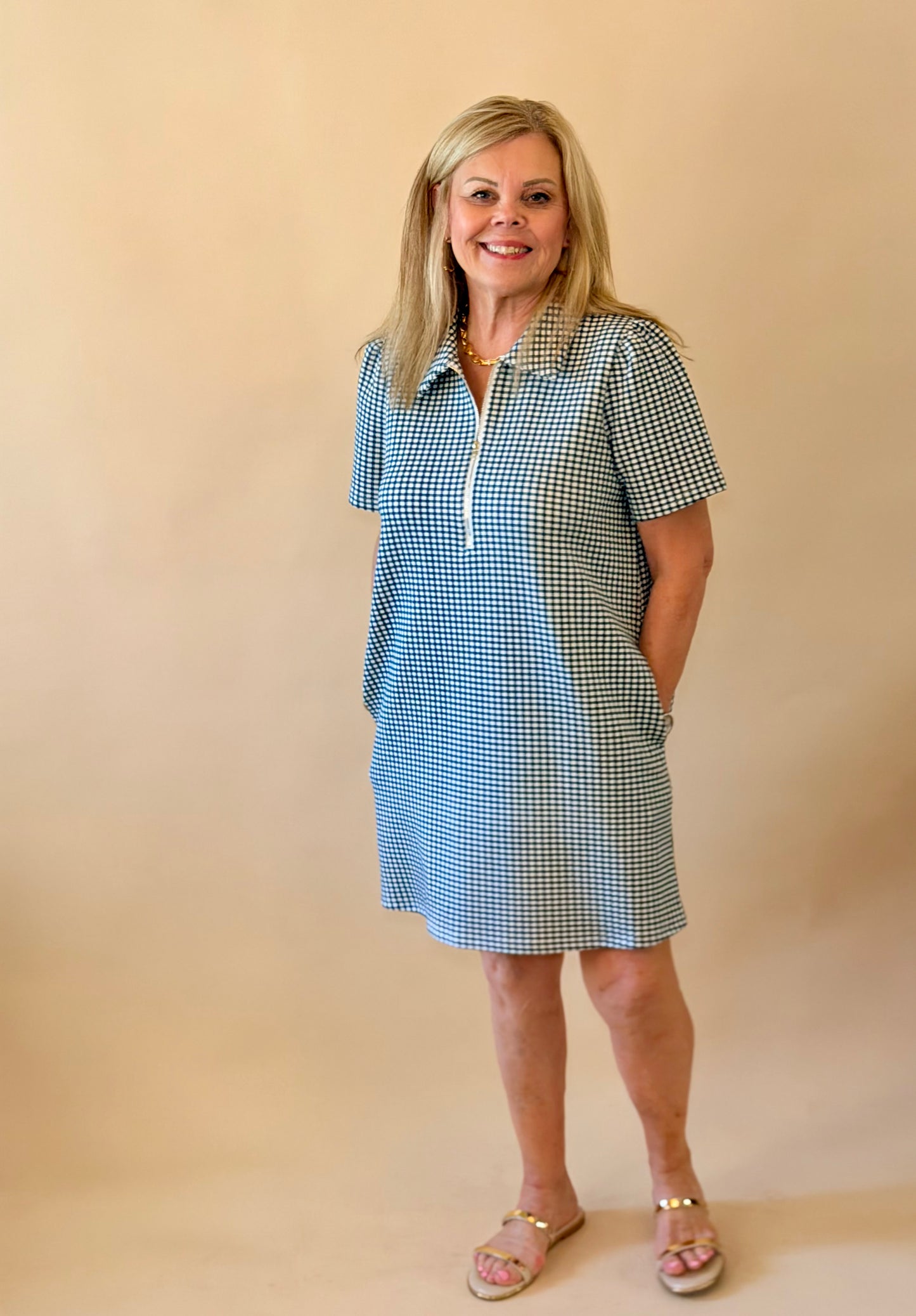 Navy Gingham Zip Detail Dress
