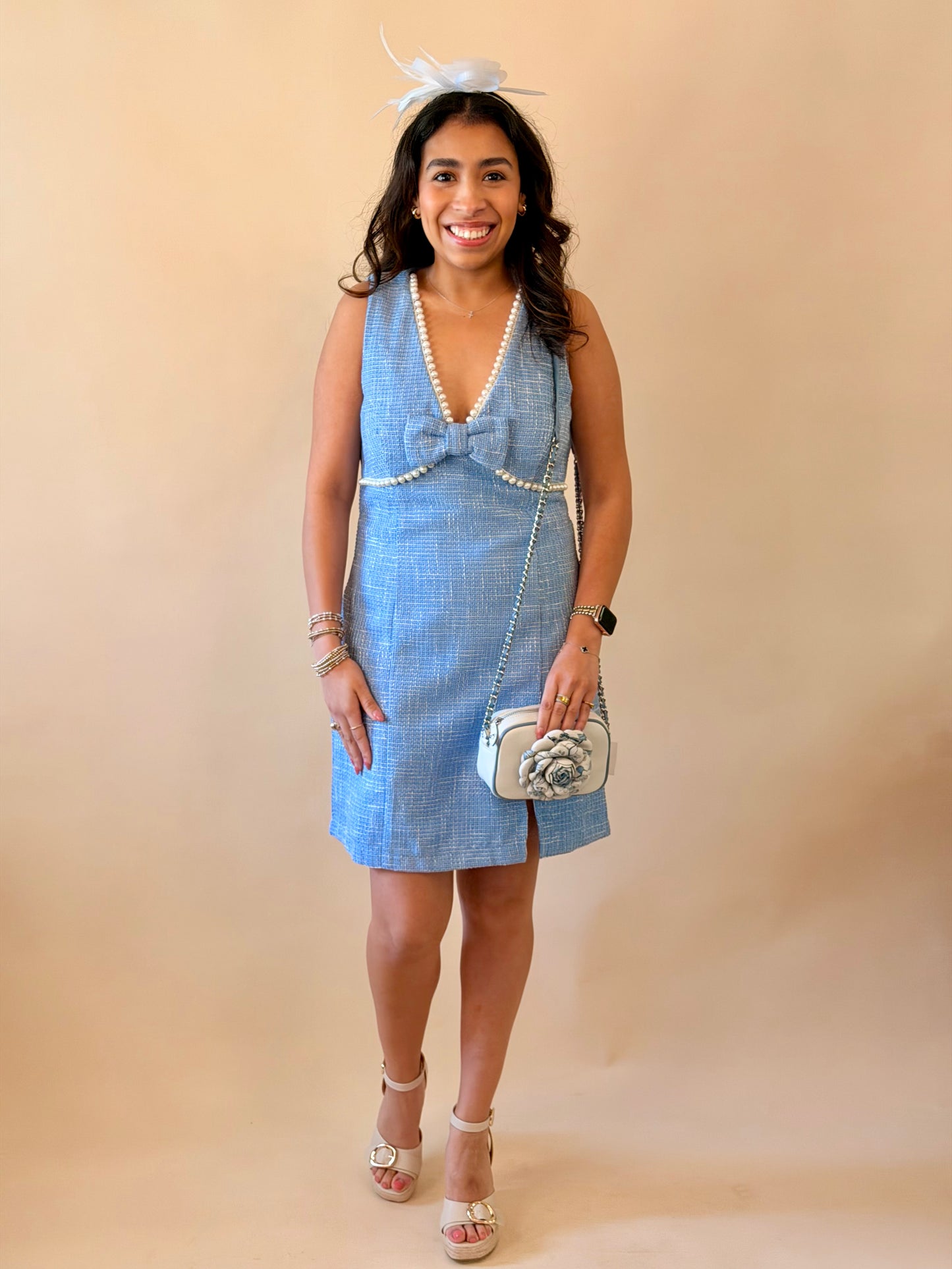 Soft Blue Pearl Detailed Tweed Dress
