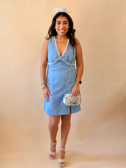 Soft Blue Pearl Detailed Tweed Dress