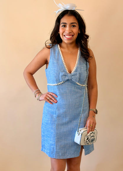 Soft Blue Pearl Detailed Tweed Dress