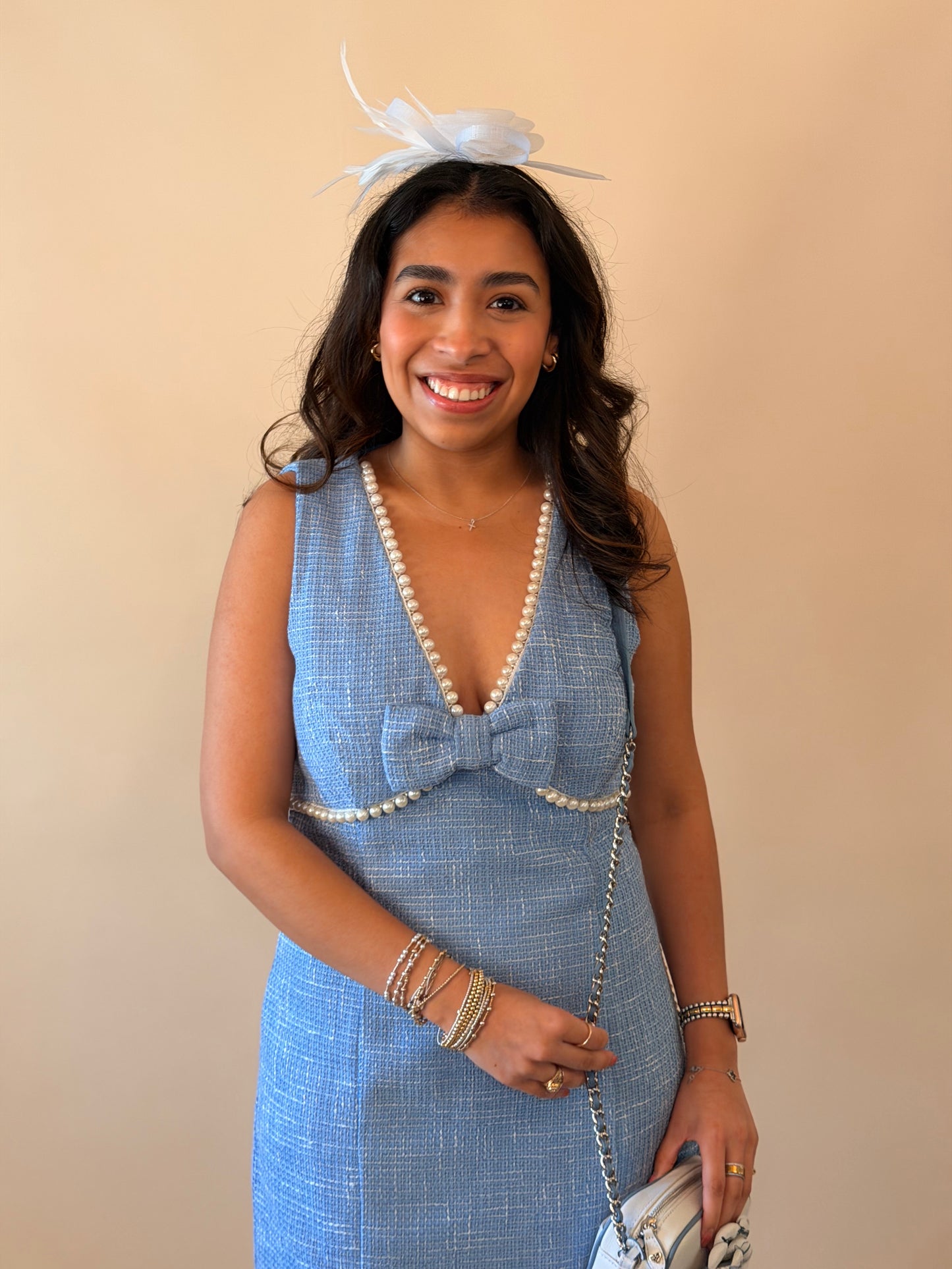 Soft Blue Pearl Detailed Tweed Dress