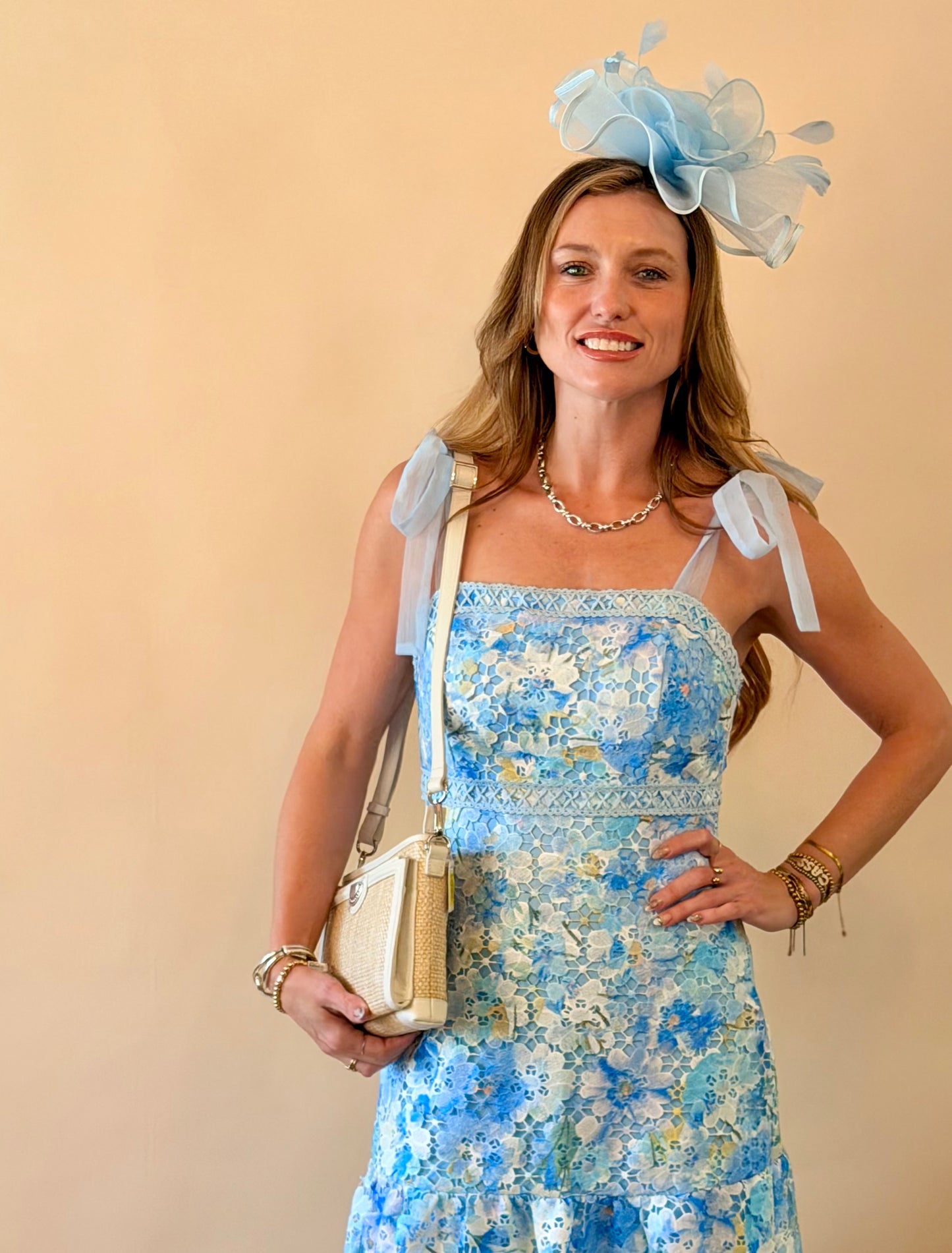 Blue Floral Tie Shoulder Midi Dress