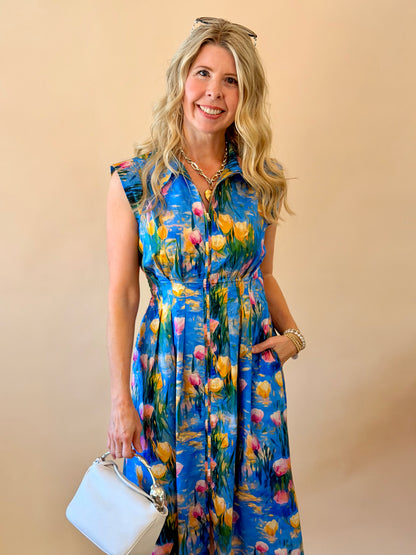 Blue & Yellow Floral Midi Dress