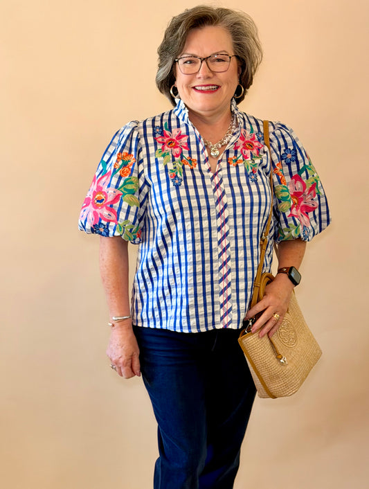 THML Blue Gingham Embroidered Top
