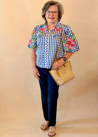 THML Blue Gingham Embroidered Top