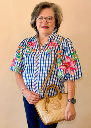 THML Blue Gingham Embroidered Top