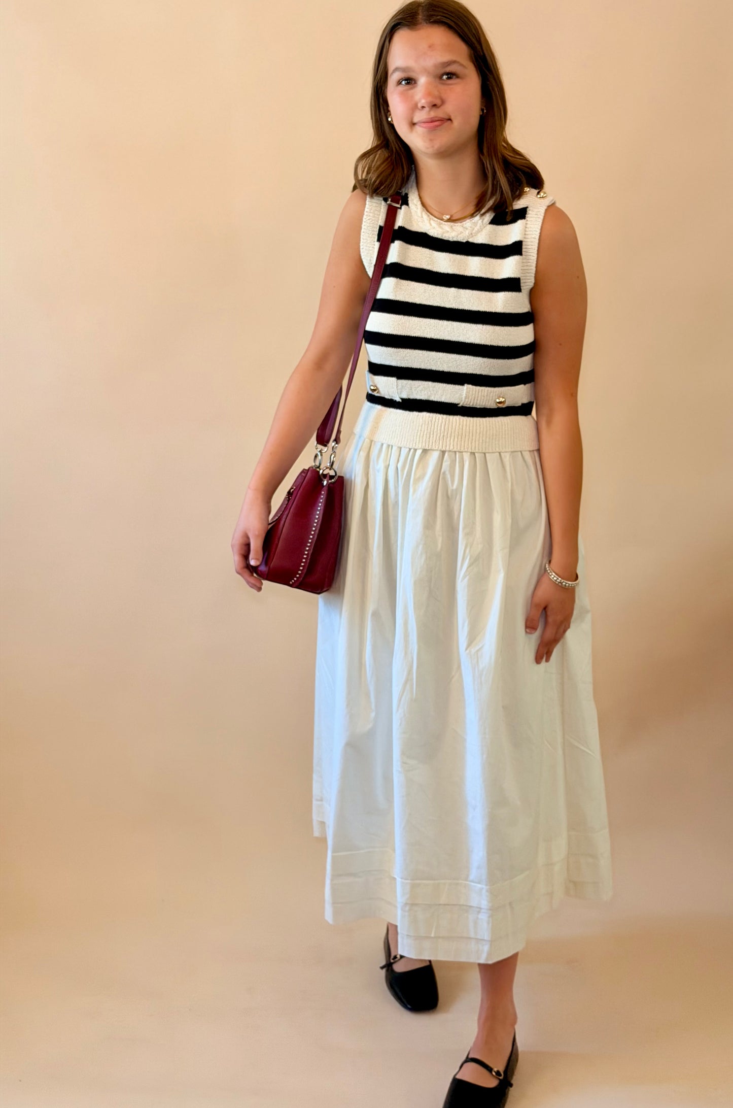 Cream & Black Stripe Mix Media Midi Dress