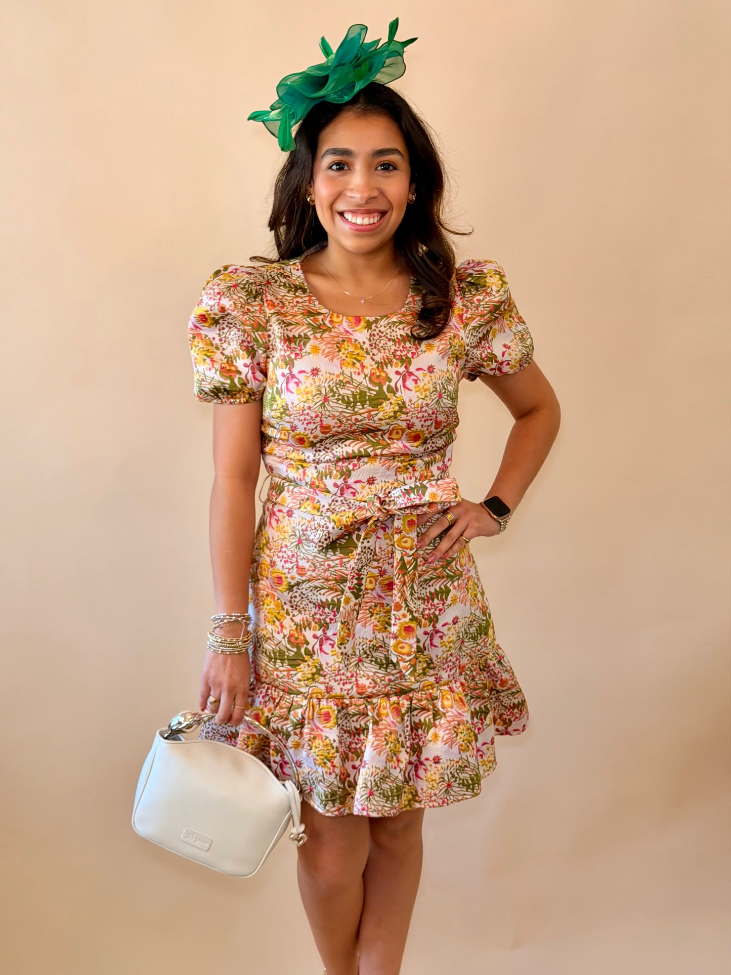 Coral Floral Belted Jaquard Mini Dress