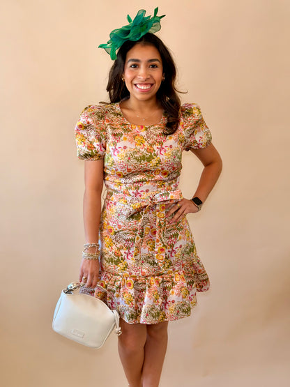 Coral Floral Belted Jaquard Mini Dress