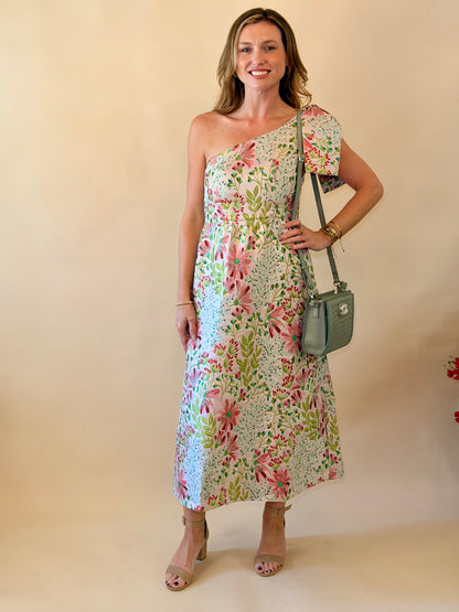 Pink Garden Floral One Shoulder Dress