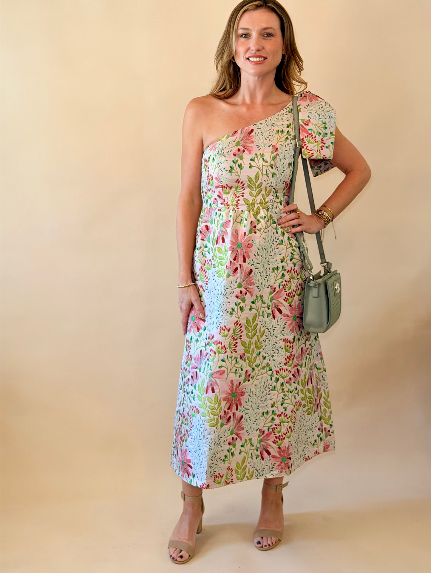Pink Garden Floral One Shoulder Dress