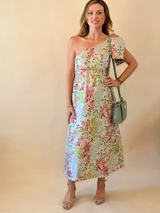 Pink Garden Floral One Shoulder Dress