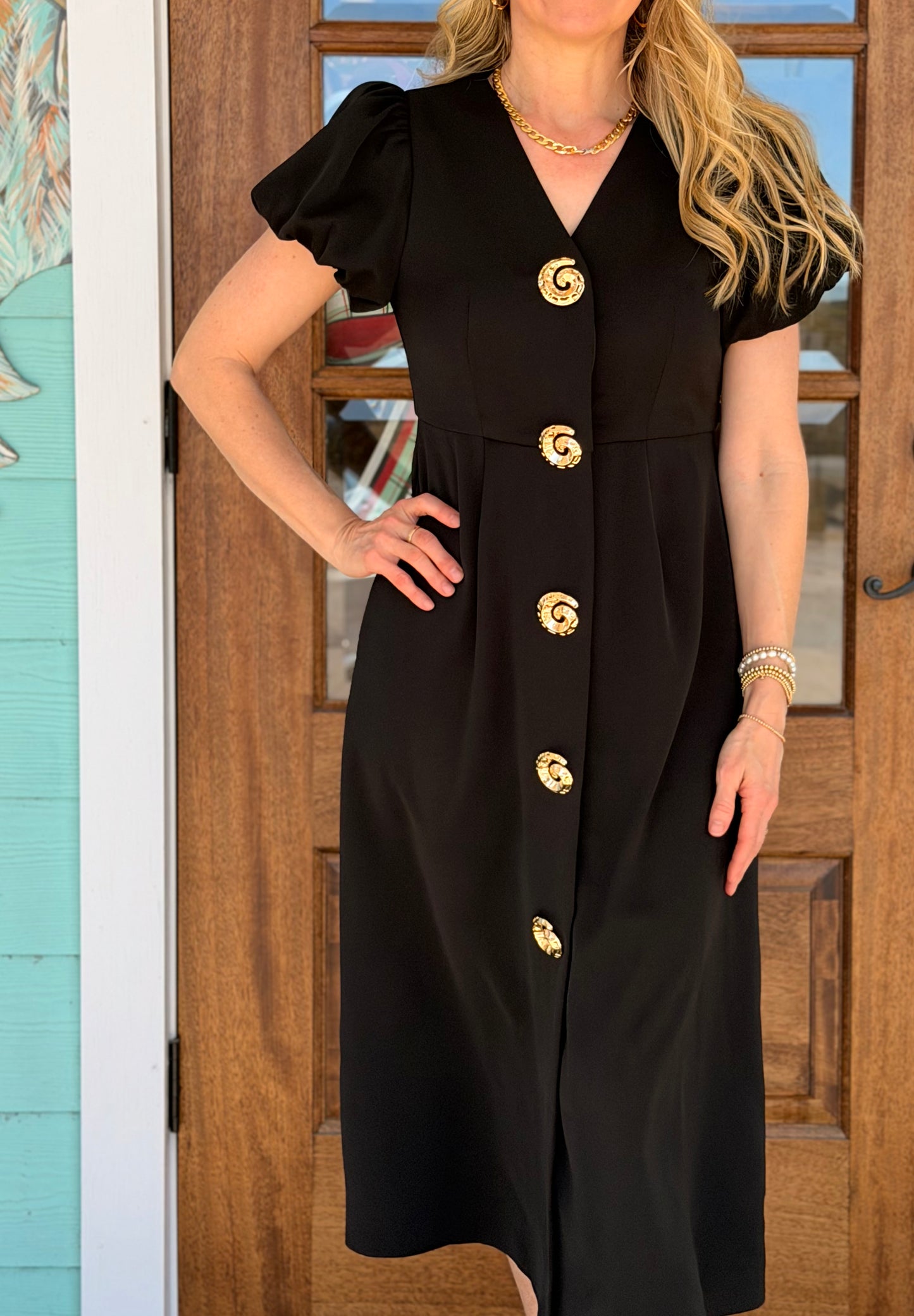 Gold Swirl Button Black Dress