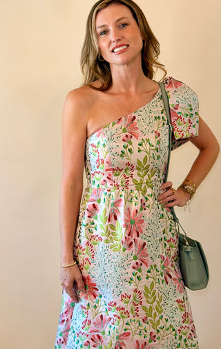 Pink Garden Floral One Shoulder Dress