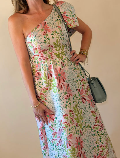 Pink Garden Floral One Shoulder Dress