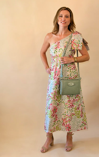 Pink Garden Floral One Shoulder Dress