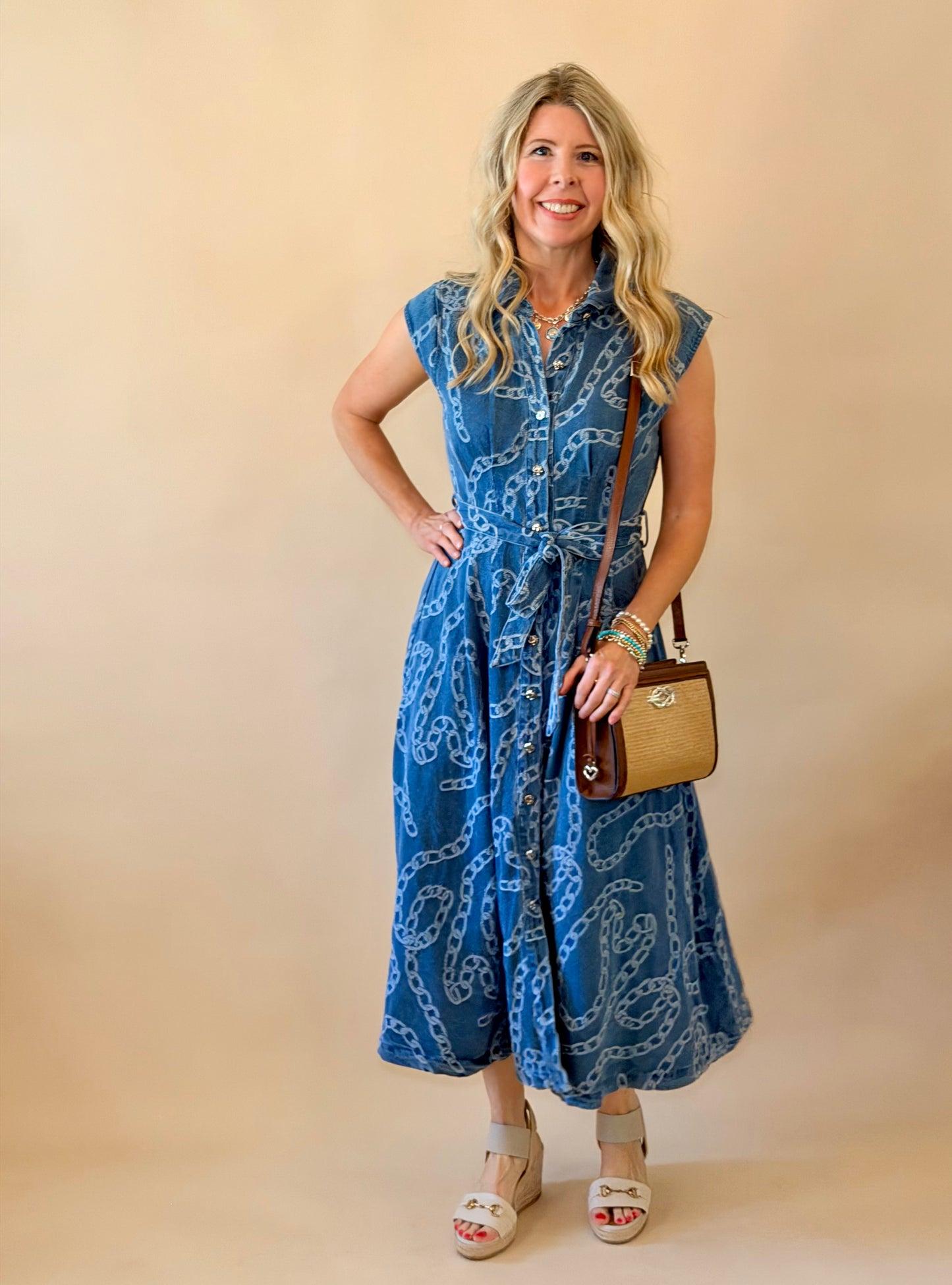 Denim Chain Print Midi Dress