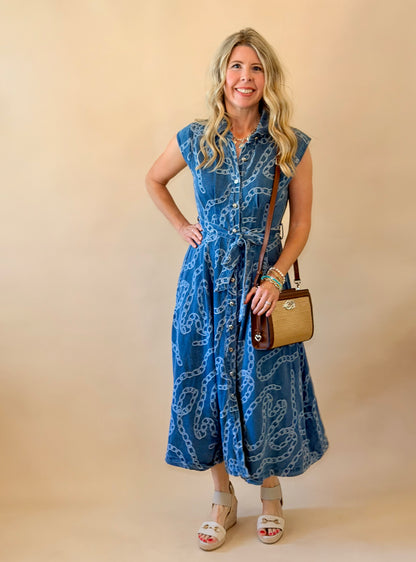 Denim Chain Print Midi Dress