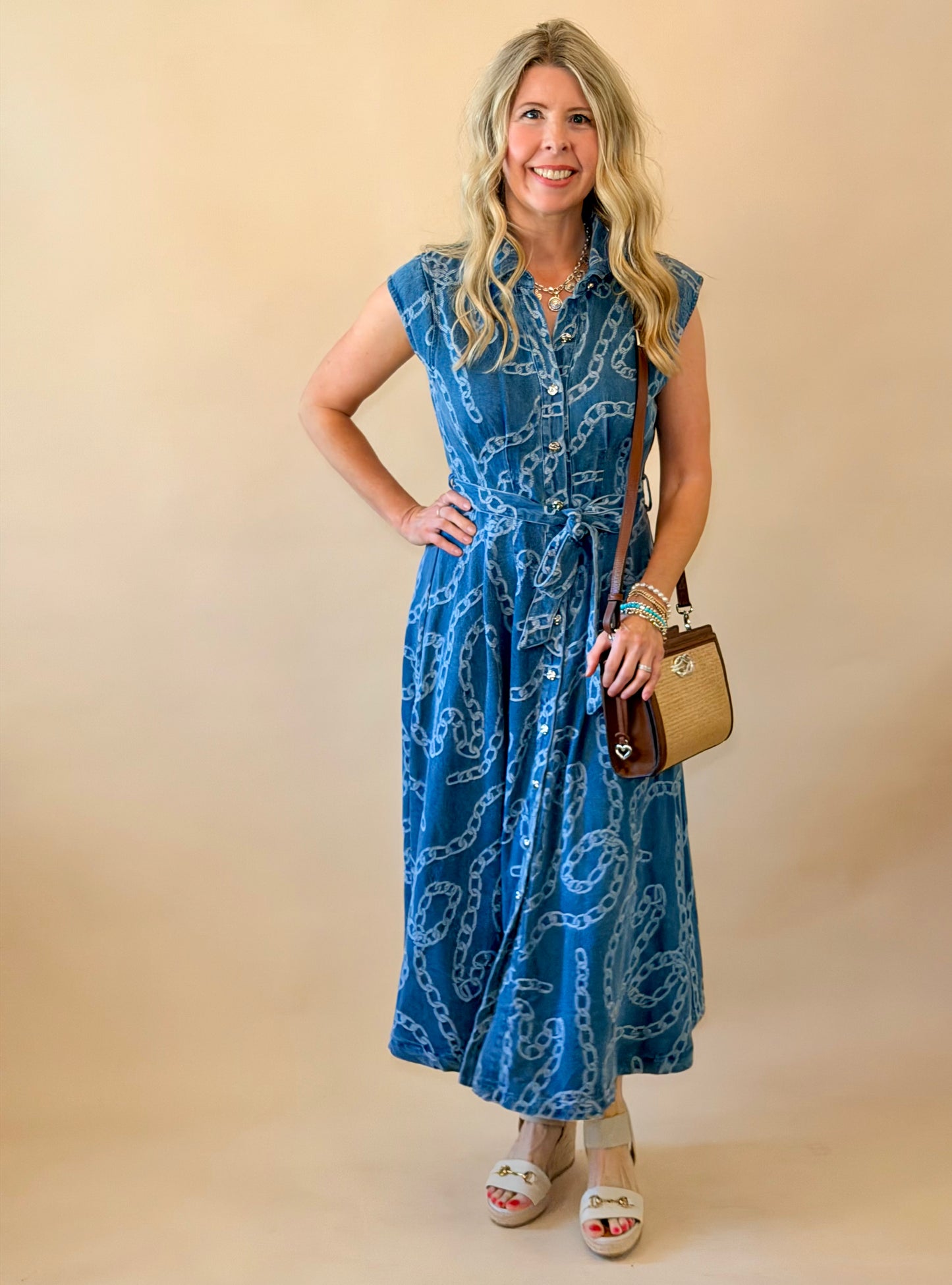 Denim Chain Print Midi Dress