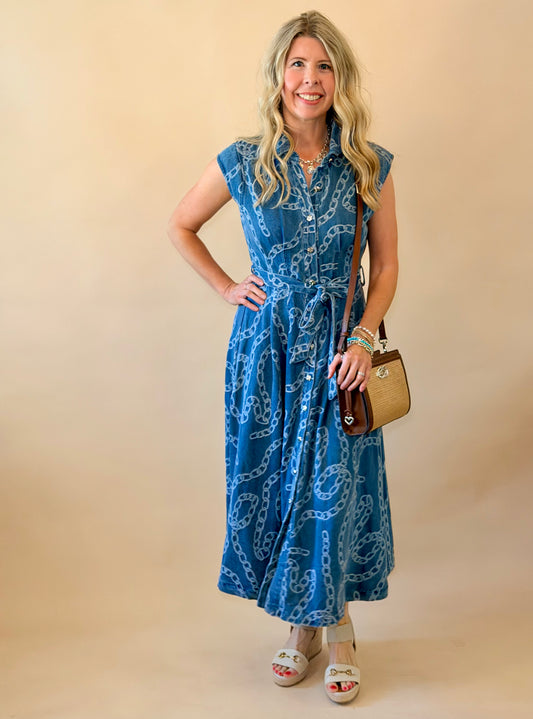 Denim Chain Print Midi Dress