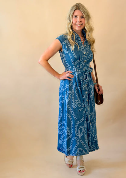 Denim Chain Print Midi Dress