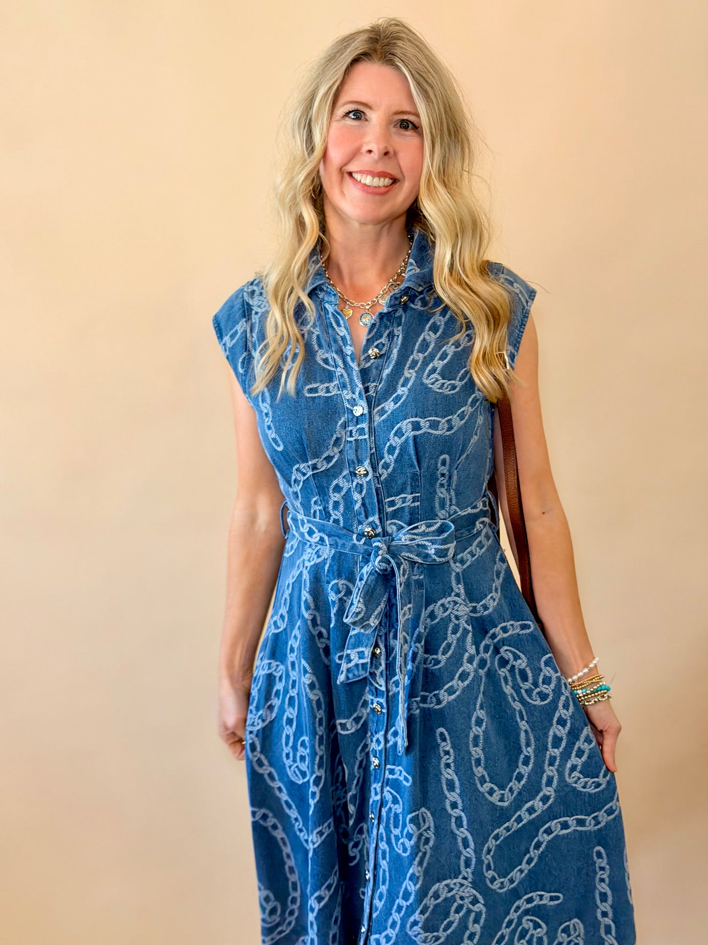 Denim Chain Print Midi Dress