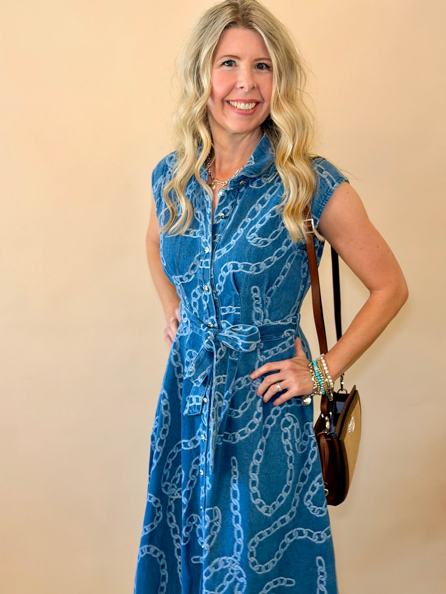 Denim Chain Print Midi Dress