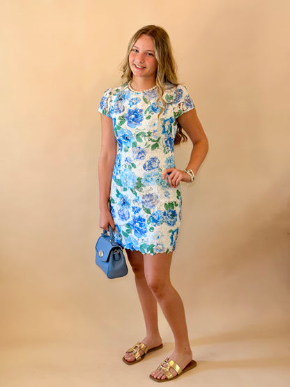 Blue Multi Floral Lace Mini Dress