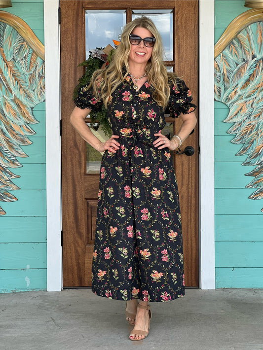 Black Floral Button Down Dress