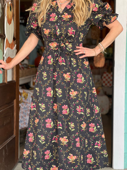 Black Floral Button Down Dress