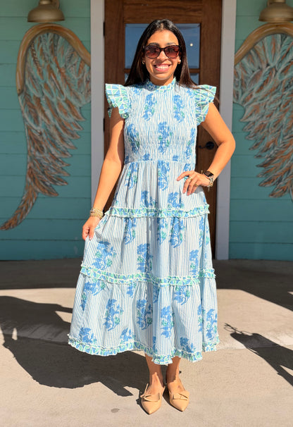 Perin Blue Foral Smocked Dress