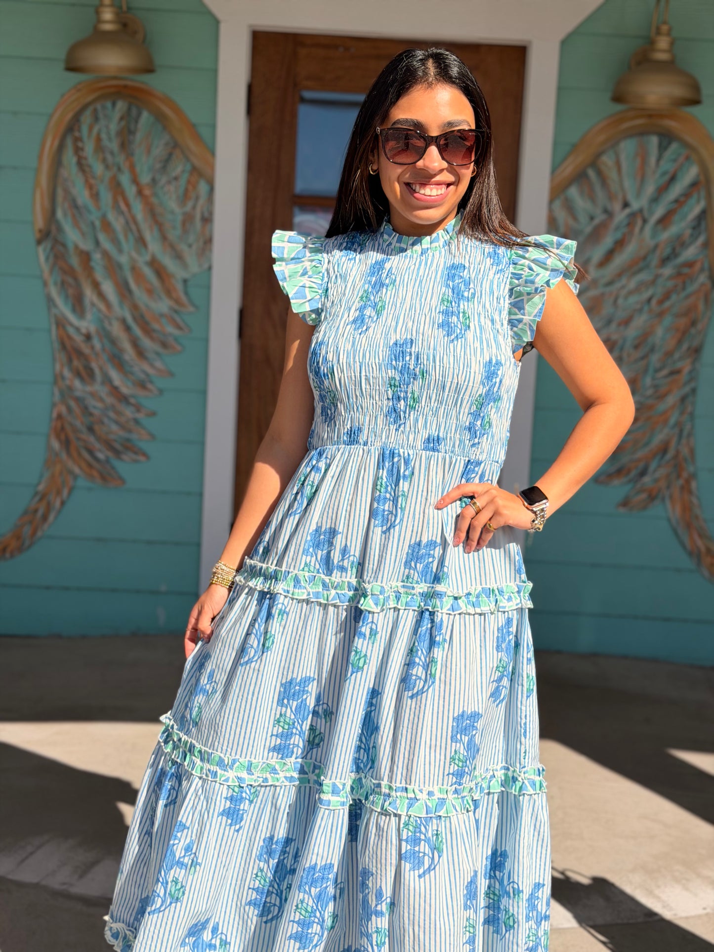 Perin Blue Foral Smocked Dress