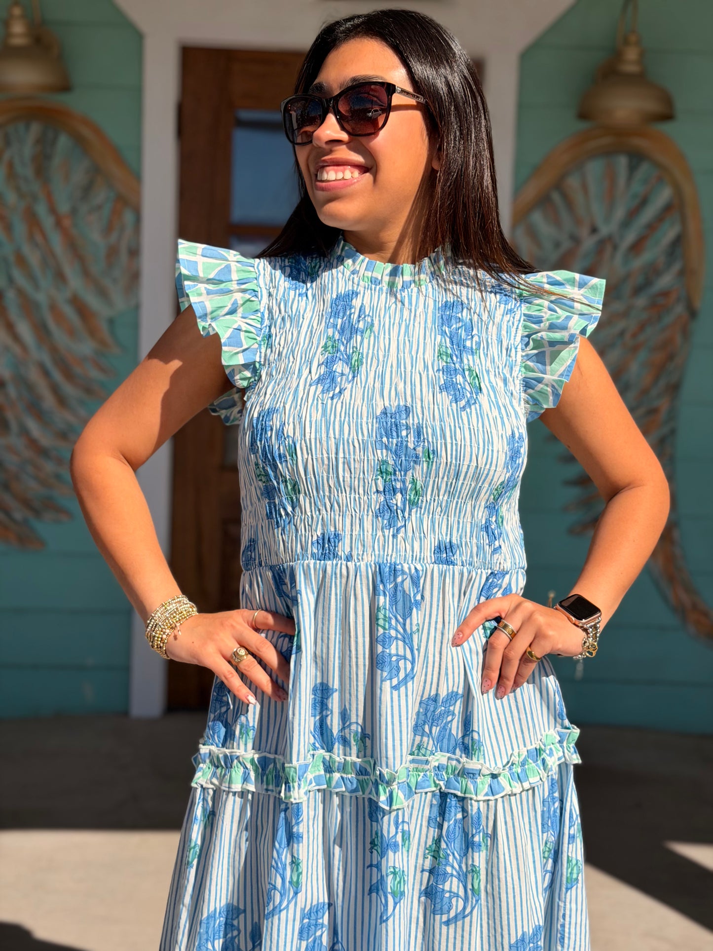 Perin Blue Foral Smocked Dress