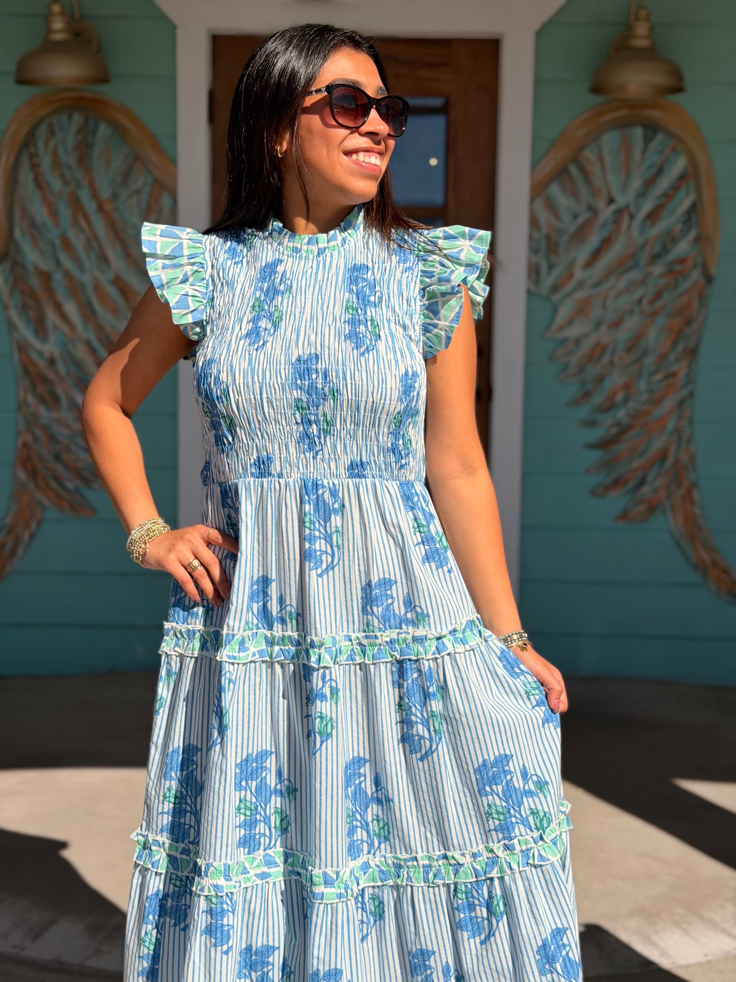 Perin Blue Foral Smocked Dress