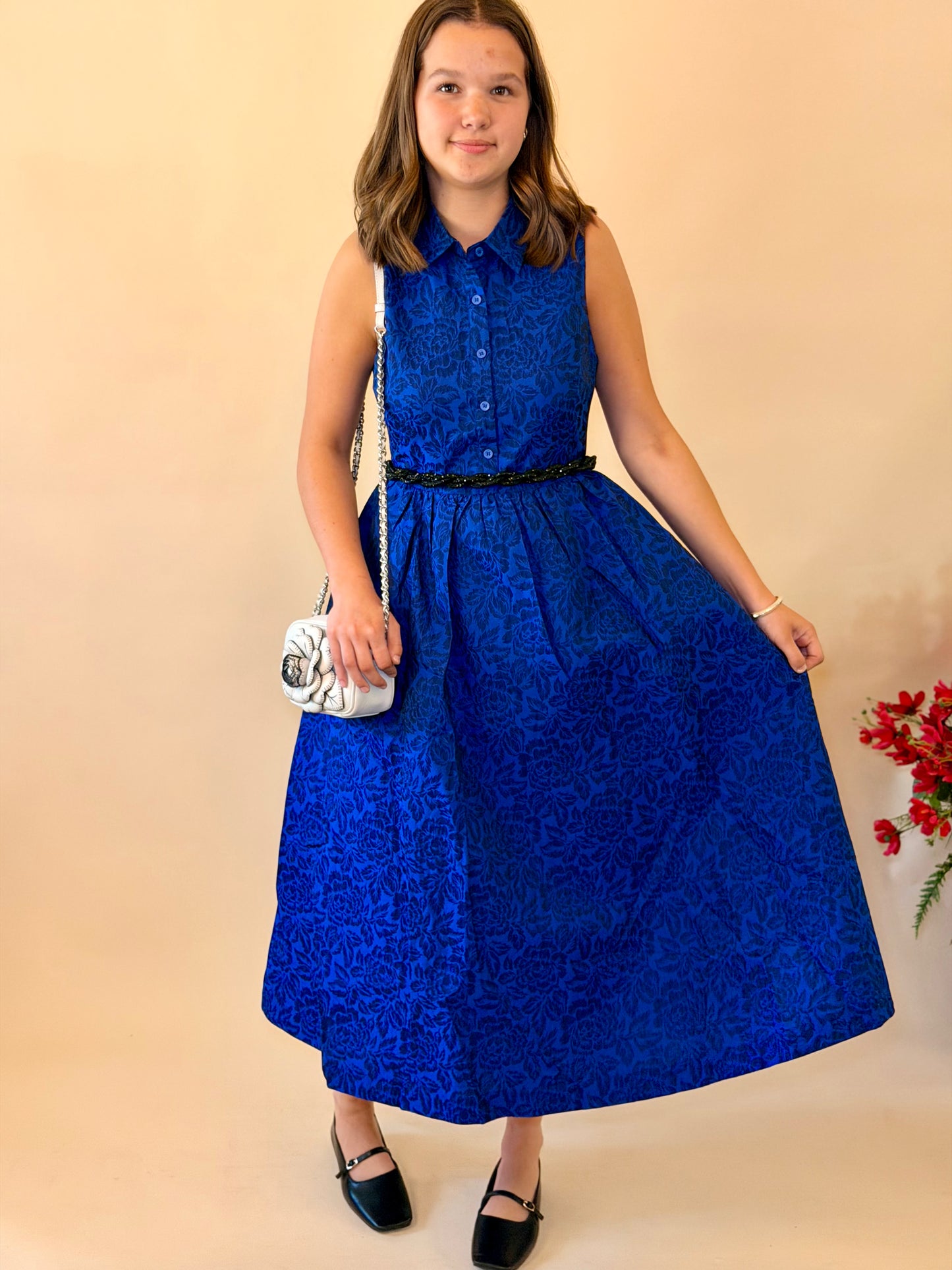 Vivid Blue Floral Chic Collar Dress