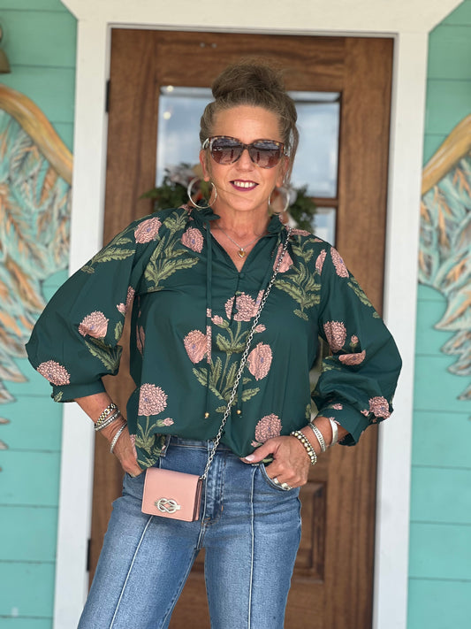 Hunter Green Floral Button Down